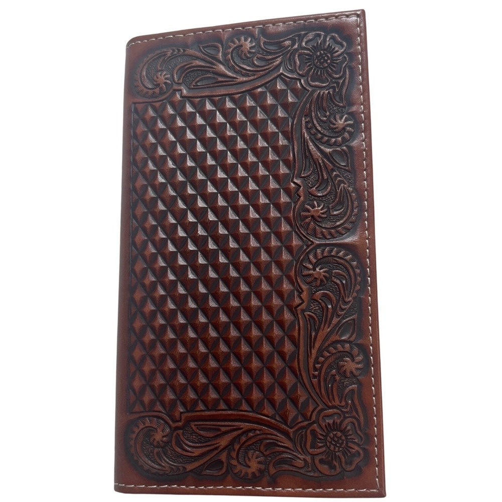Ariat Mens Brown Tooled Leather Rodeo Wallet Floral Basketweave A3544208 NEW